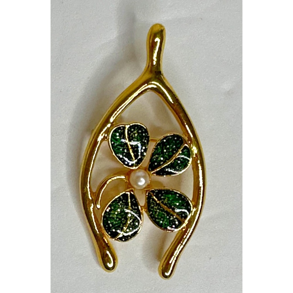 JJI Lucky 4 Leaf Clover Wishbone Brooch Gold Tone Green Enamel Pin